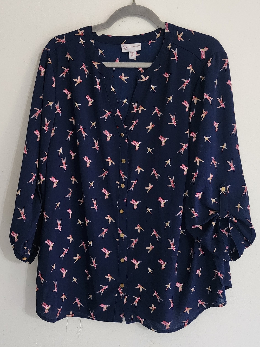 Navy Blouse with Pink Bird Print